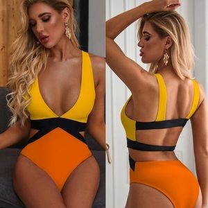 Color Block Monokini Orange Black Cream